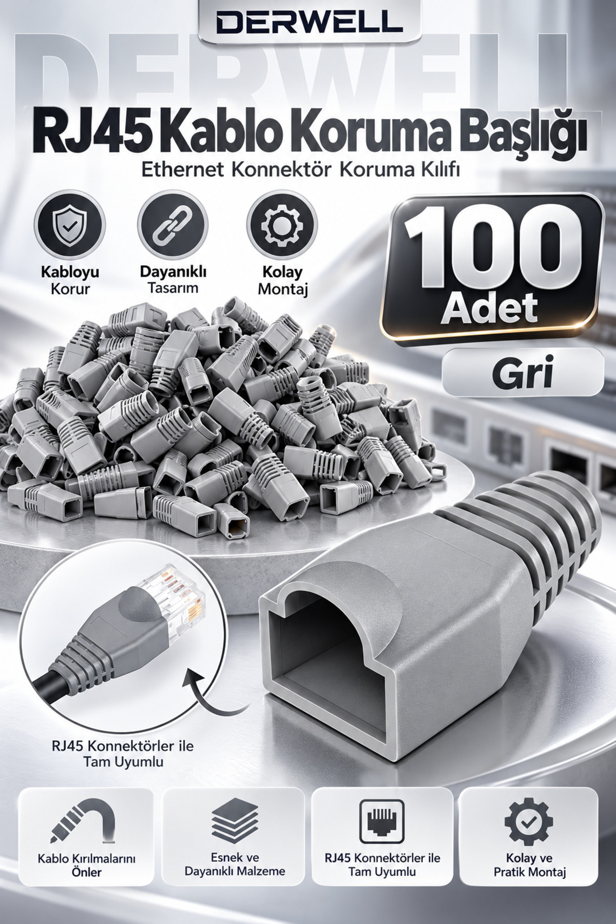 Gri Ca5/Cat6 RJ45 Bot Koruma Kılıfı Cat6 Koruma Cover Ağ Kablosu Kauccuk Kablo Konektörü 100 Adet