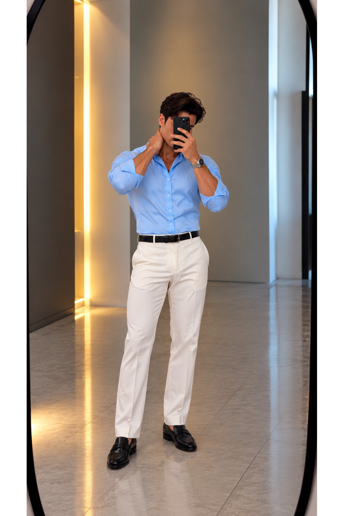 Erkek Premium Pamuk Saten Slim Fit Buz Mavisi Gömlek | Modern ve Şık Tasarım — آبی SLIM FIT — تصویر 4 از 4