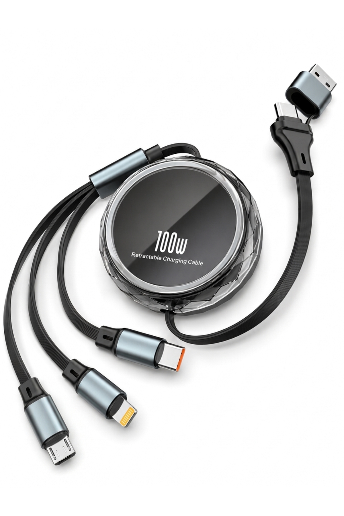 100W Lightning/Type-C/Micro USB Uyumlu USB/Type-C Girişli Makaralı Taşınabilir Çoklu Turbo Hızlı Şarj Kablosu
