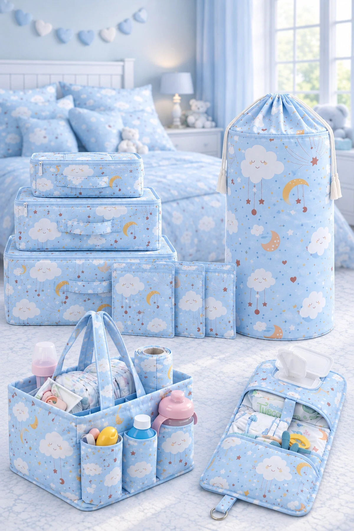 MorPort Lüx 9 Parça Anne Bebek Seti - Çamaşır Sepeti, Bebek Çantası, Alt Açma Çantası, 6'lı Valiz Organizeri
