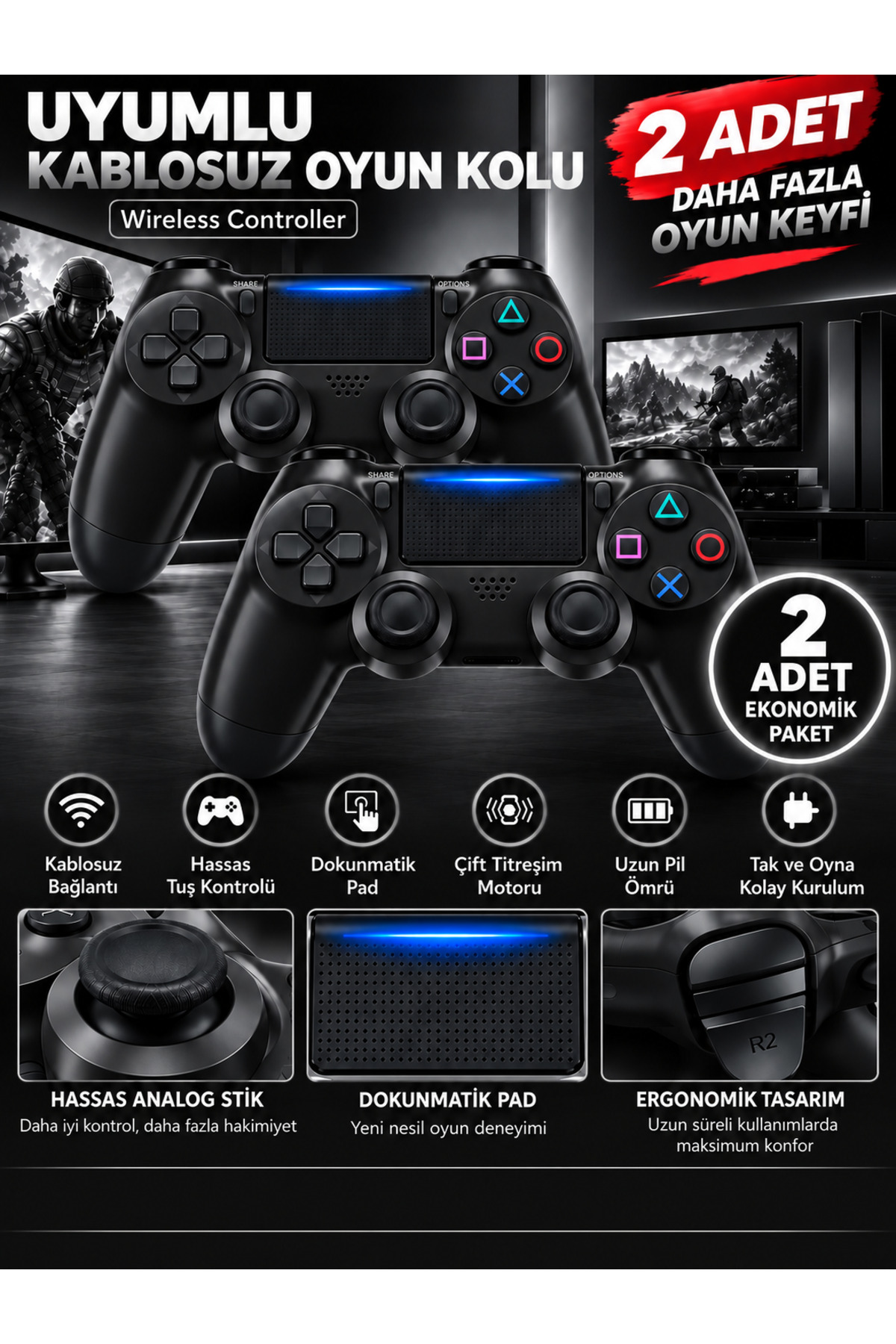 VEROXA Ps4 Uyumlu 2'li Kablosuz Oyun Kolu Dual Titreşimli