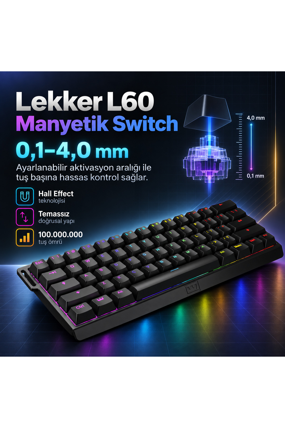 Wooting 60HE+ ANSI Lekker L60 Linear Manyetik Switch Gaming Klavye