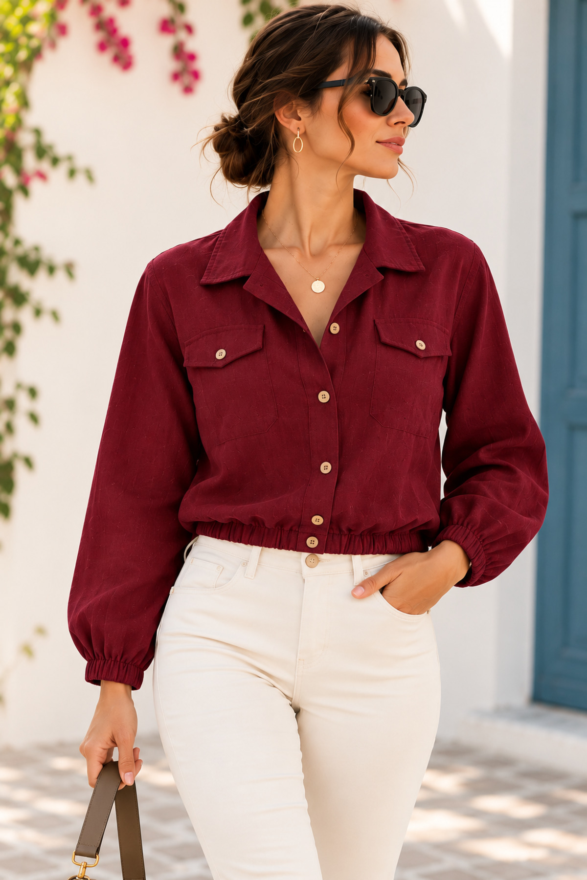 Store Olia %100 Keten Bordo Gömlek Ceket