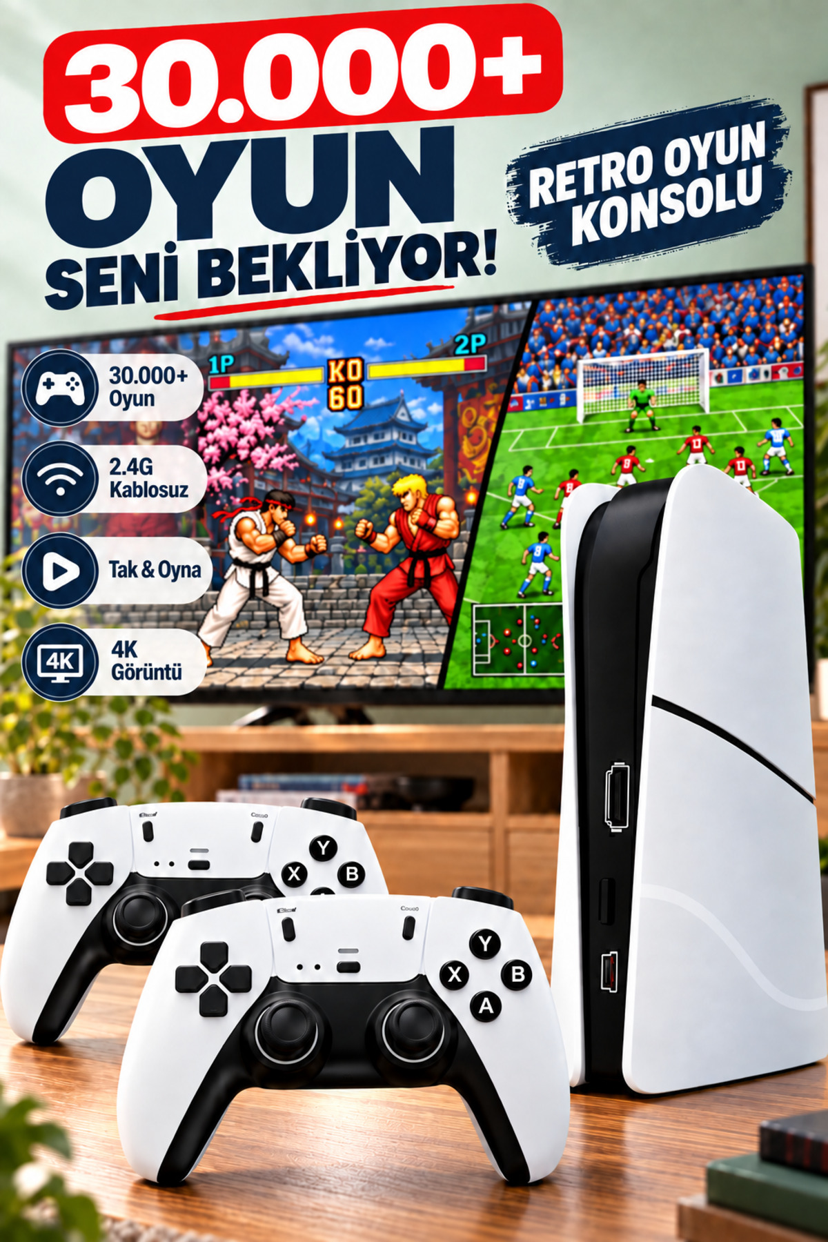 Zineets GS5 Pro Kablosuz Çift Kol Oyun Konsolu Uyumlu 4K-Hdmı 53 Emulatör 30000 Oyunlu 2.4g Game Stick
