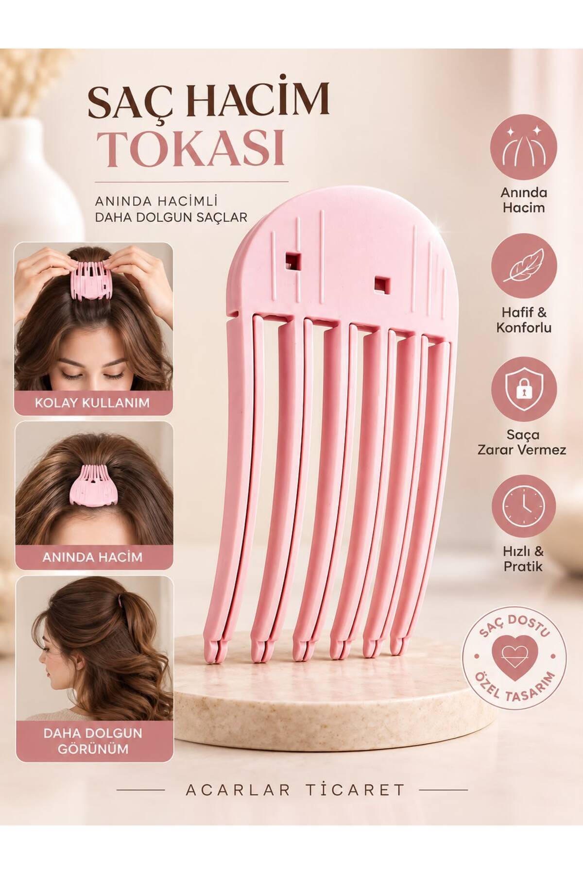 Acarlar Ticaret Büyük Boy Sihirli Saç Hacim Veren Klips Aparatı 6 Dişli / Hair Volume Clip/ Saç Tepesi Dolgunlaştırıcı
