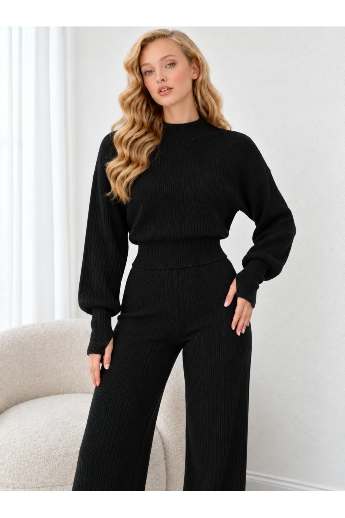 ZERELLE COLLECTİON Ženski pleteni crop top sa visokim strukom i komplet panta...