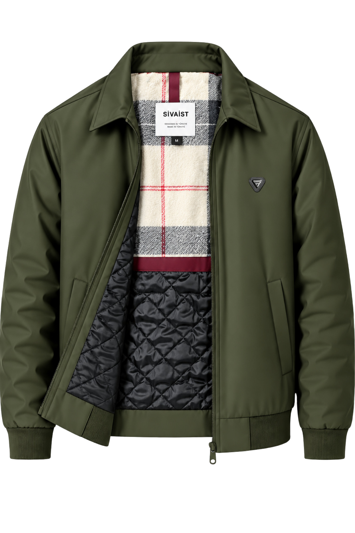 Erkek Koyu Krem Harrington Ceket – Üçgen Armalı, Ekose Astarlı, Ribanalı, Fermuarlı Premium Mont - Yeşil