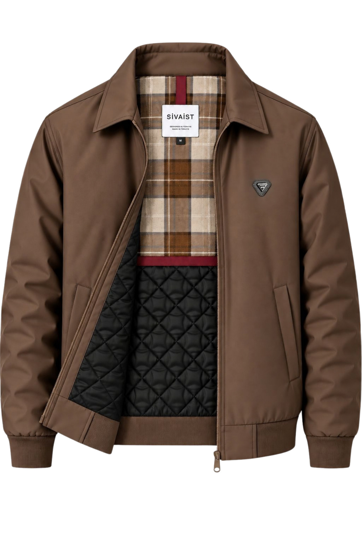 Erkek Koyu Krem Harrington Ceket – Üçgen Armalı, Ekose Astarlı, Ribanalı, Fermuarlı Premium Mont - Kahverengi