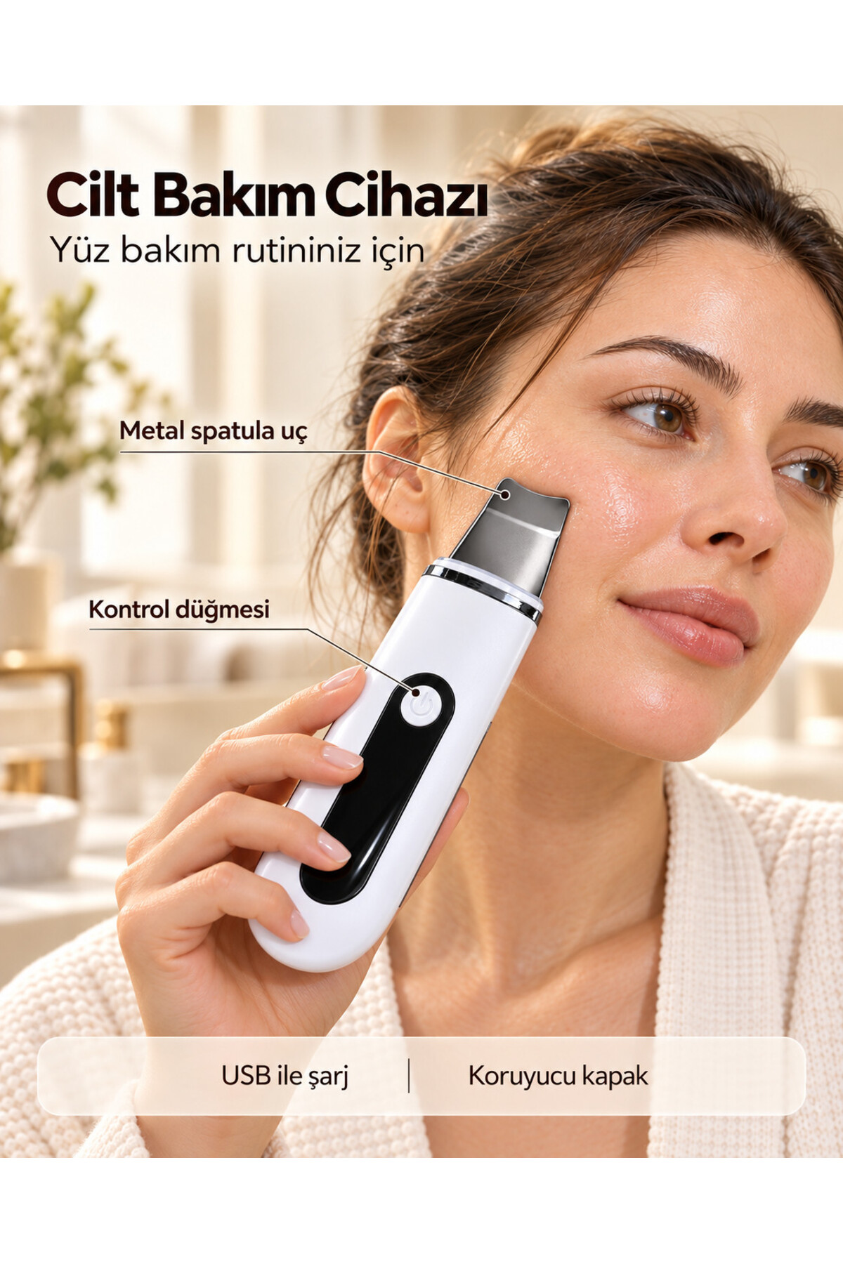 Genel Markalar Yüz Bakım Rutini İçin Metal Uçlu USB Şarjlı Beyaz Cilt Bakım Cihazı — AKYI-376432