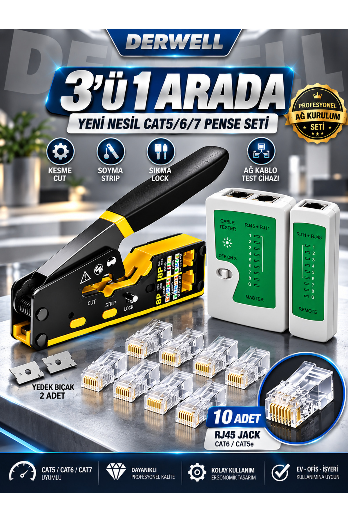 Yeni 2026 3in1 Profesyonel Ağ Kurulum Seti Yeni Nesil Cat5 Cat6 Cat7 Network Ethernet Kablo Pensesi Kesme Soyma Sıkma Kilitleme Fonksiyonlu - Dijital Kablo Test Cihazı Master Remote - 10lu RJ45 Jack