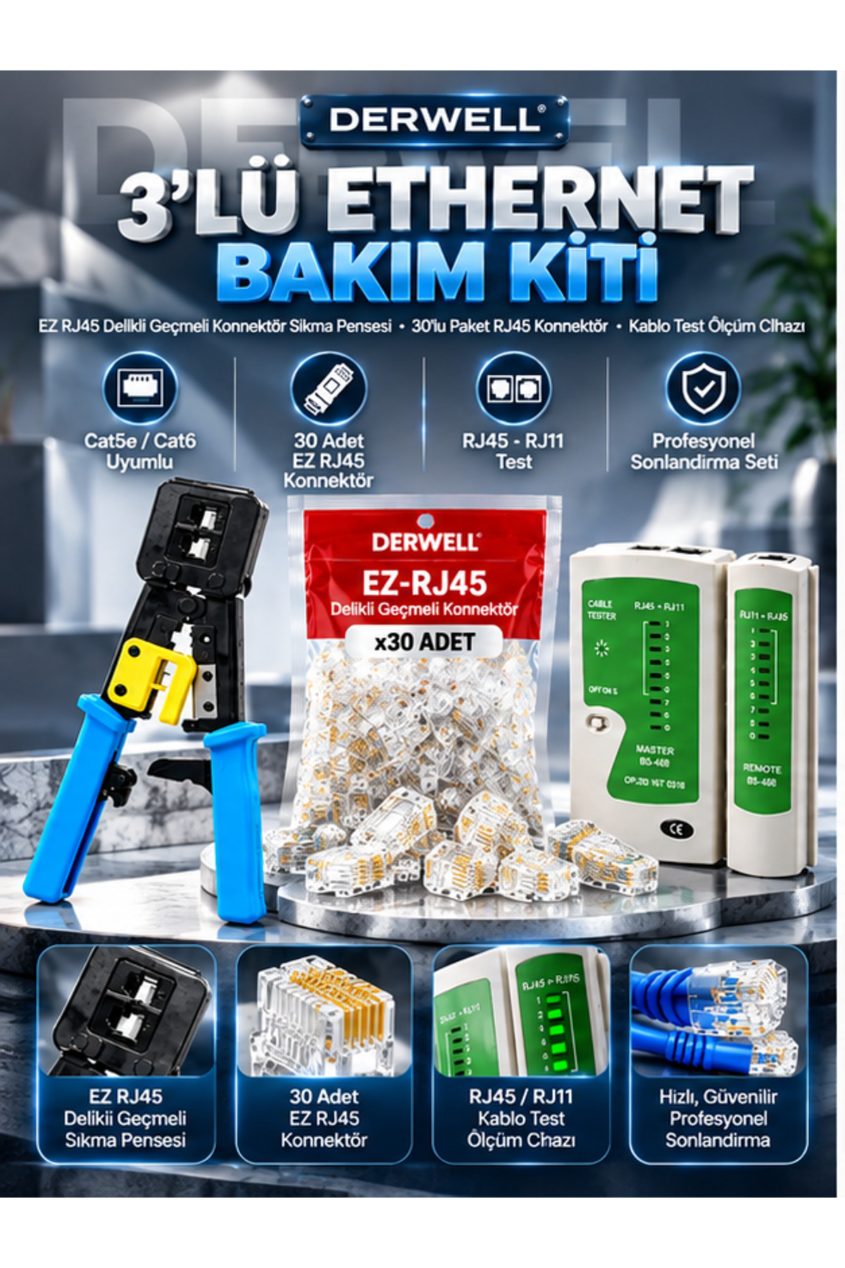 3in1 Ethernet Bakım Kit Seti (30 Adet Konnektörlü) - Ağ Kurulum Tamir Takımı Profesyonel EZ RJ45 Delikli Geçmeli Sıkma Pensesi Kablo Test Ölçüm Cihazı Cat5 Cat6 Uyumlu Data İnternet Hat Yenileme Set