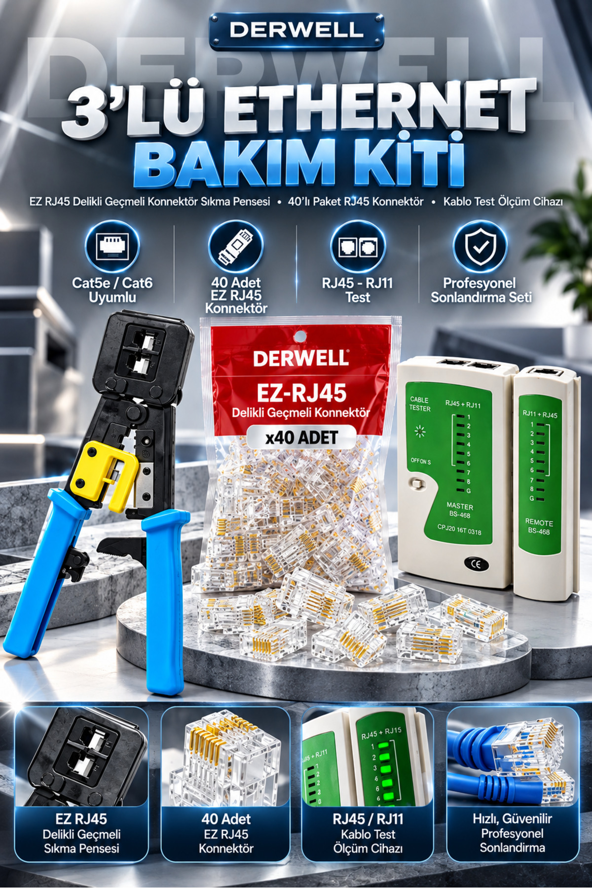 3in1 Ethernet Bakım Kit Seti (40 Adet Konnektörlü) - Ağ Kurulum Tamir Takımı Profesyonel EZ RJ45 Delikli Geçmeli Sıkma Pensesi Kablo Test Ölçüm Cihazı Cat5 Cat6 Uyumlu Data İnternet Hat Yenileme Set