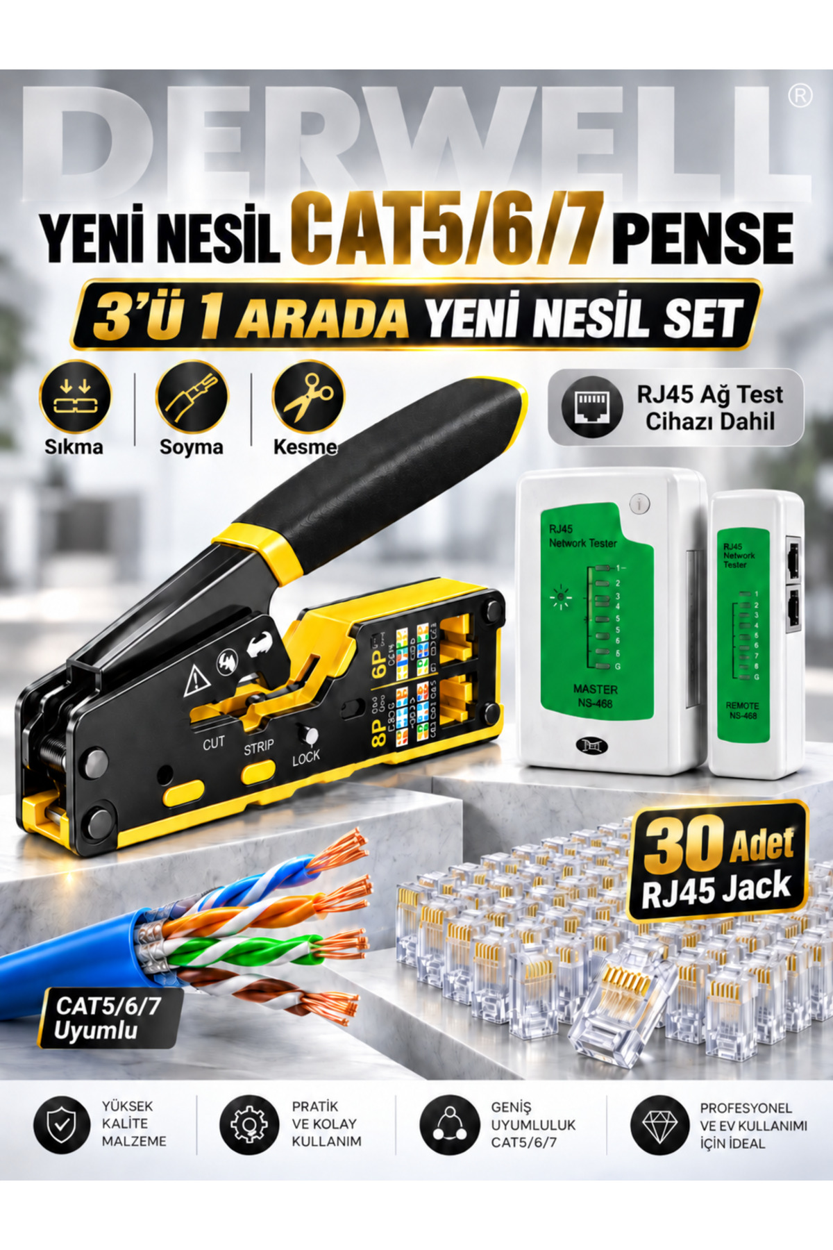 Yeni 2026 3in1 Profesyonel Ağ Kurulum Seti Yeni Nesil Cat5 Cat6 Cat7 Network Ethernet Kablo Pensesi Kesme Soyma Sıkma Kilitleme Fonksiyonlu - Dijital Kablo Test Cihazı Master Remote - 30lu RJ45 Jack