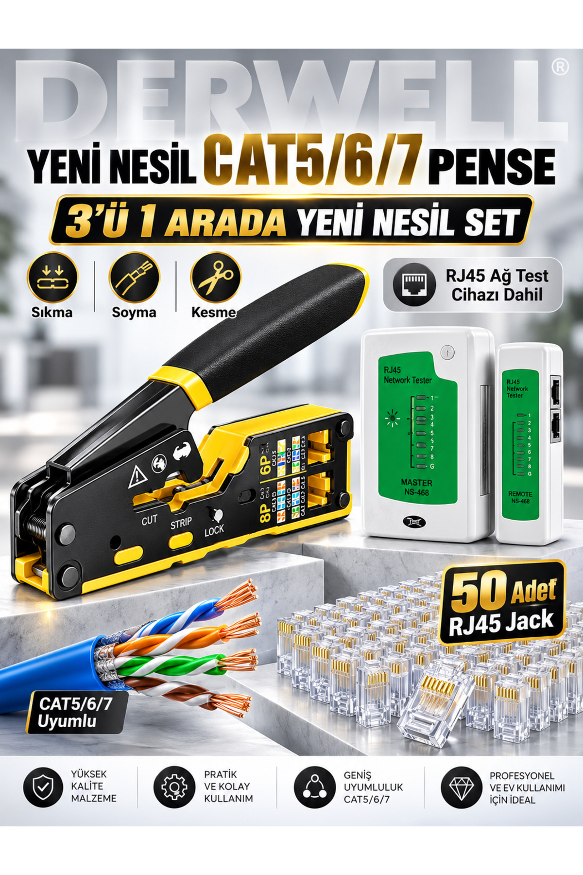 3in1 Profesyonel Ağ Kurulum Seti Yeni Nesil Cat5 Cat6 Cat7 Network Ethernet Kablo Pensesi Kesme Soyma Sıkma Kilitleme Fonksiyonlu - Dijital Kablo Test Cihazı Master Remote - 50li RJ45 Jack