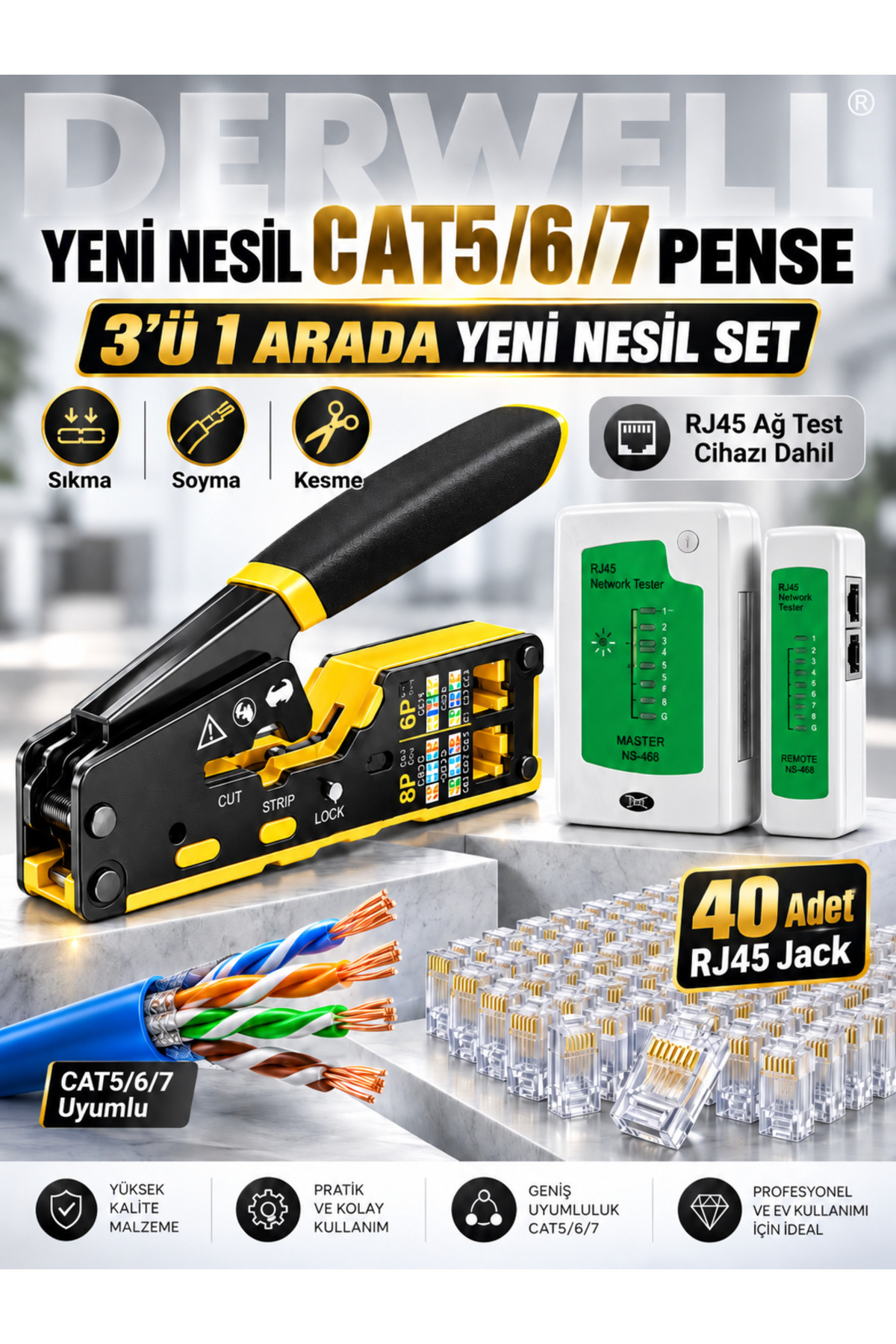 Yeni 2026 3in1 Profesyonel Ağ Kurulum Seti Yeni Nesil Cat5 Cat6 Cat7 Network Ethernet Kablo Pensesi Kesme Soyma Sıkma Kilitleme Fonksiyonlu - Dijital Kablo Test Cihazı Master Remote - 40lı RJ45 Jack
