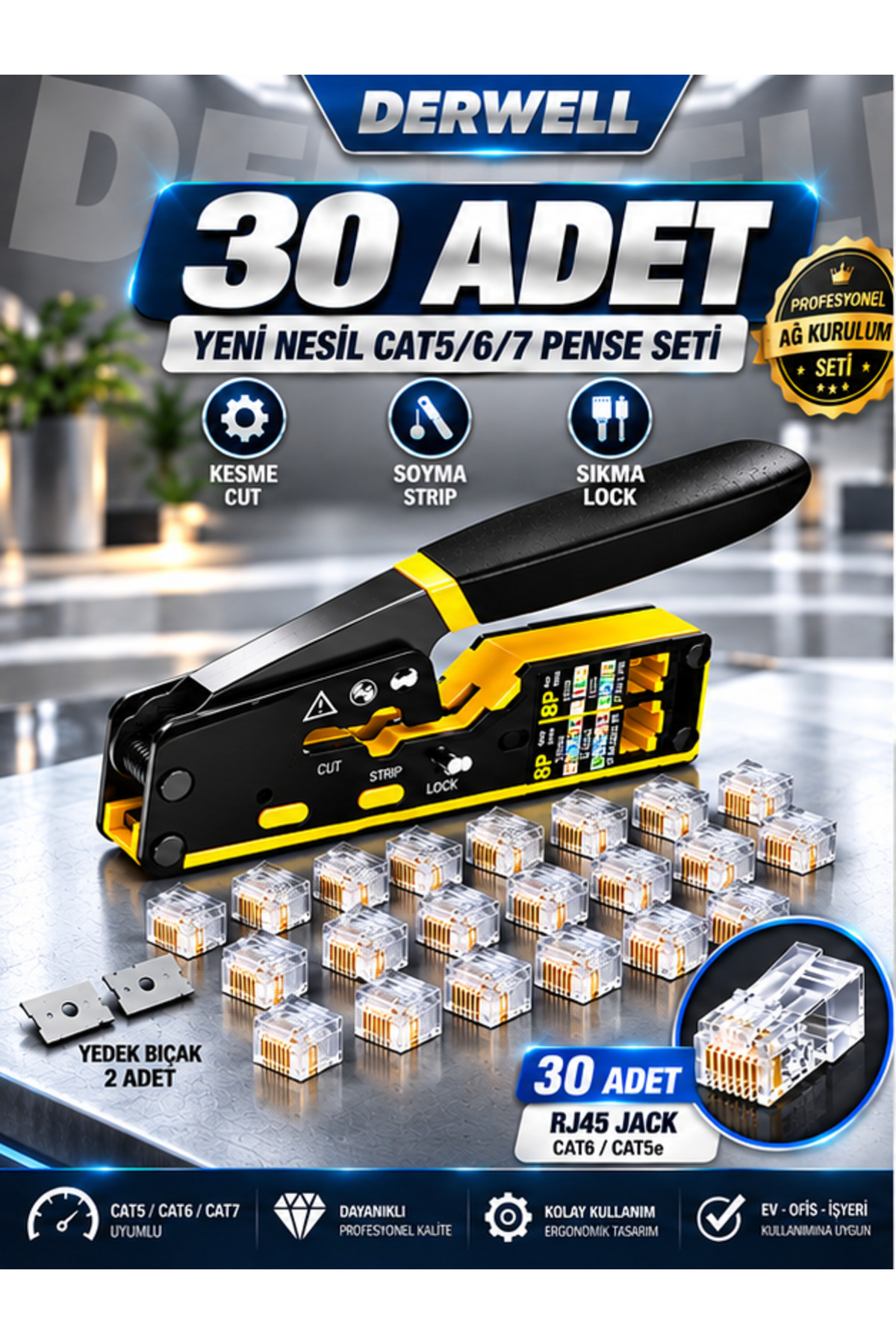 3in1 RJ45 Cat6 Konnektör Seti (30 Adet Paket) - Altın Kaplama Network Ezme Jakı - İnternet ve Ethernet UTP Kablo Başlığı - Yüksek Hızlı Veri İletimi Uyumlu - Profesyonel Ağ Kurulumu Modeli Jak Seti