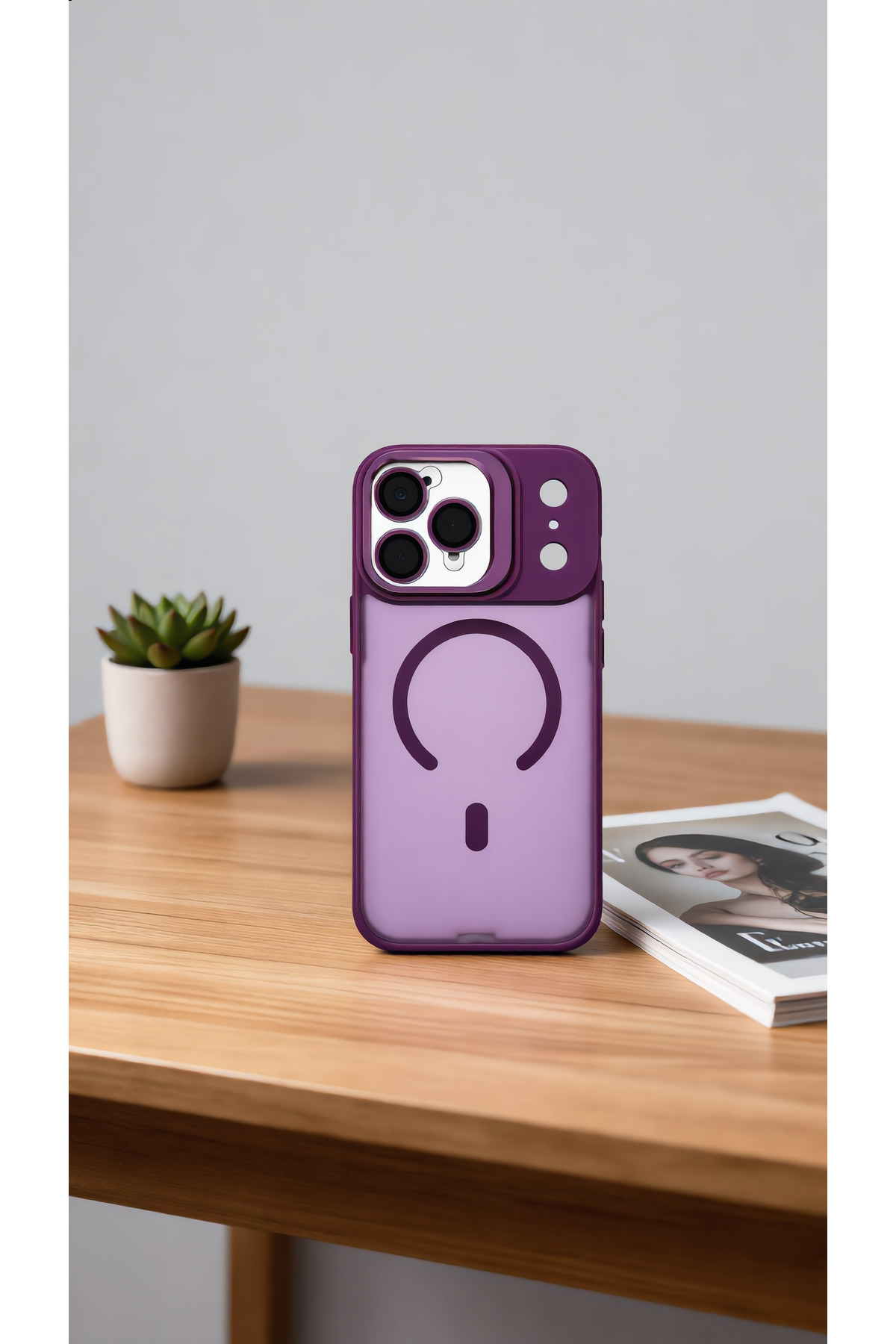 iPhone 18 Pro Uyumlu Kılıf Mat Magsafe Kamera Lens Korumalı Metal Kamera Standlı Transparan Silikon Arka Kapak