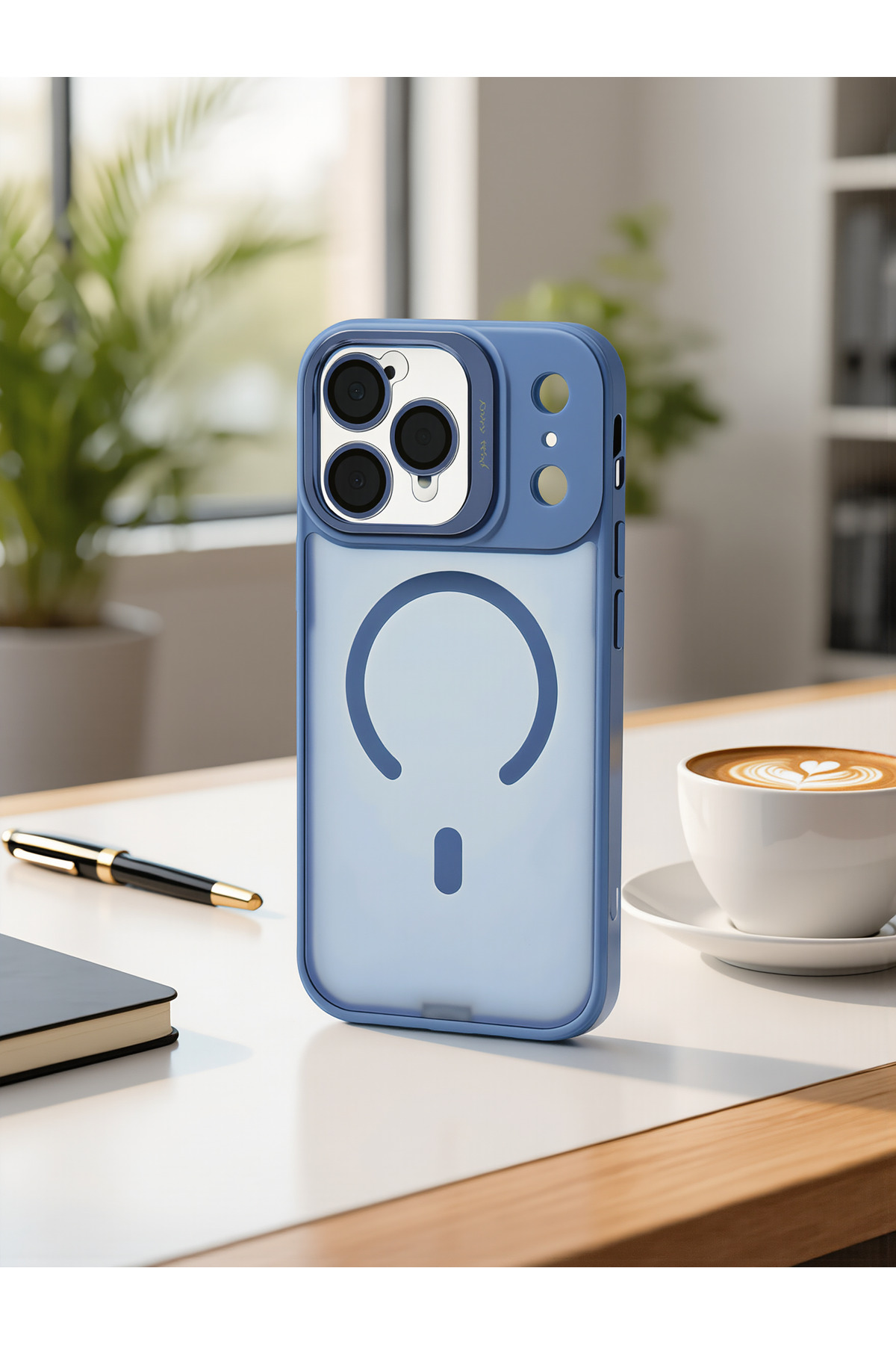 iPhone 18 Pro Max Uyumlu Kılıf Mat Magsafe Kamera Lens Korumalı Metal Kamera Standlı Transparan Silikon Arka Kapak