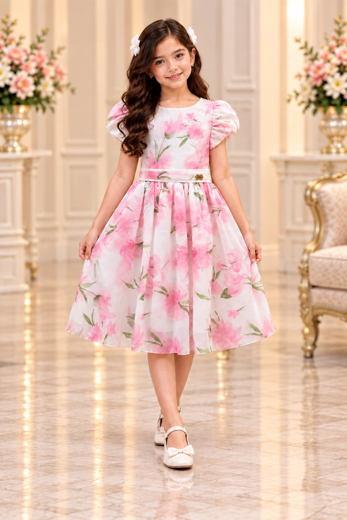 Girls White Floral Pink Print Dress with Fluffy Sleeves for Casual and Special Occasions