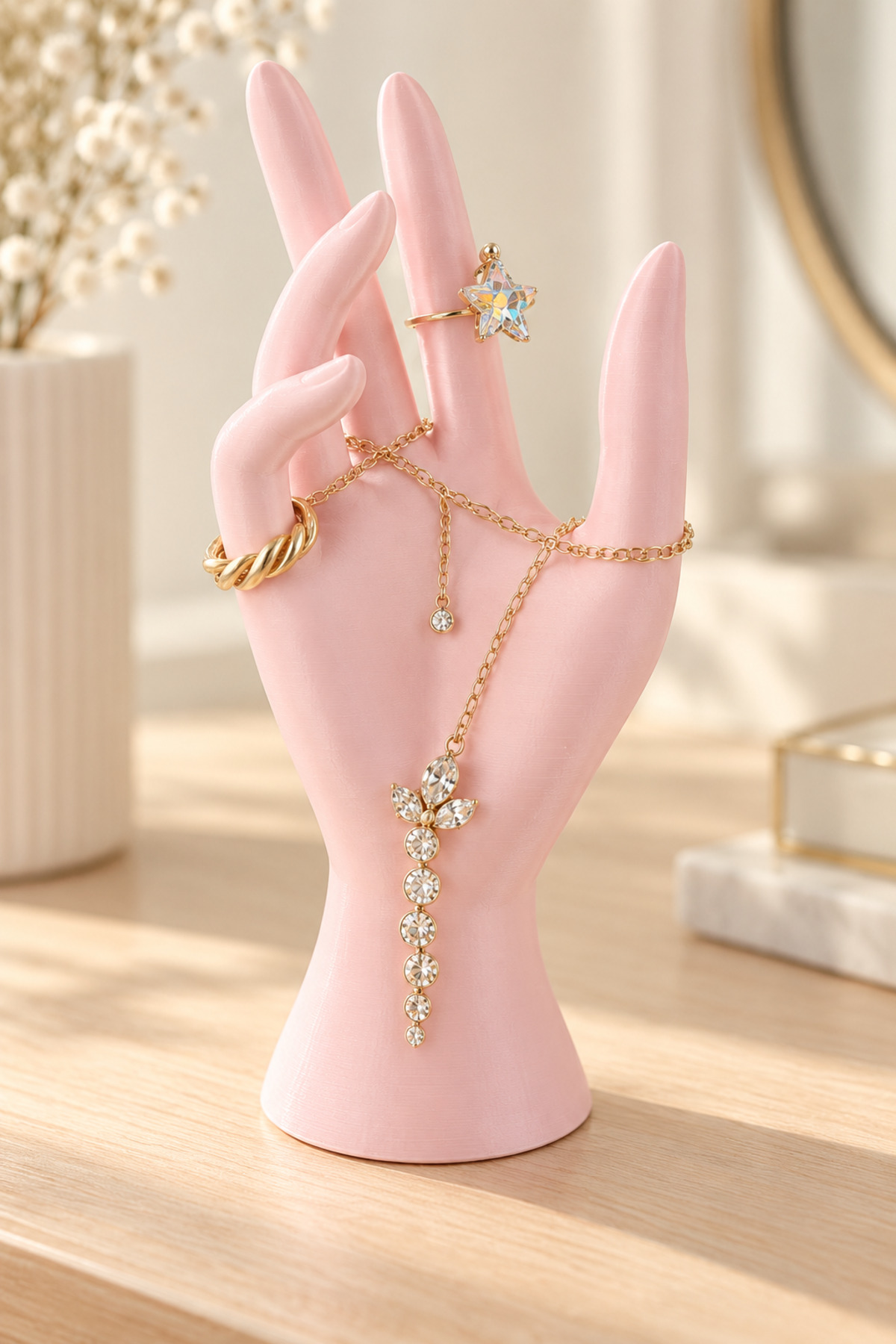 Lumea el figürlü takı standı, pastel pembe el biçiminde yüzük ve bilekliklerin sergilendiği önden görünüm.