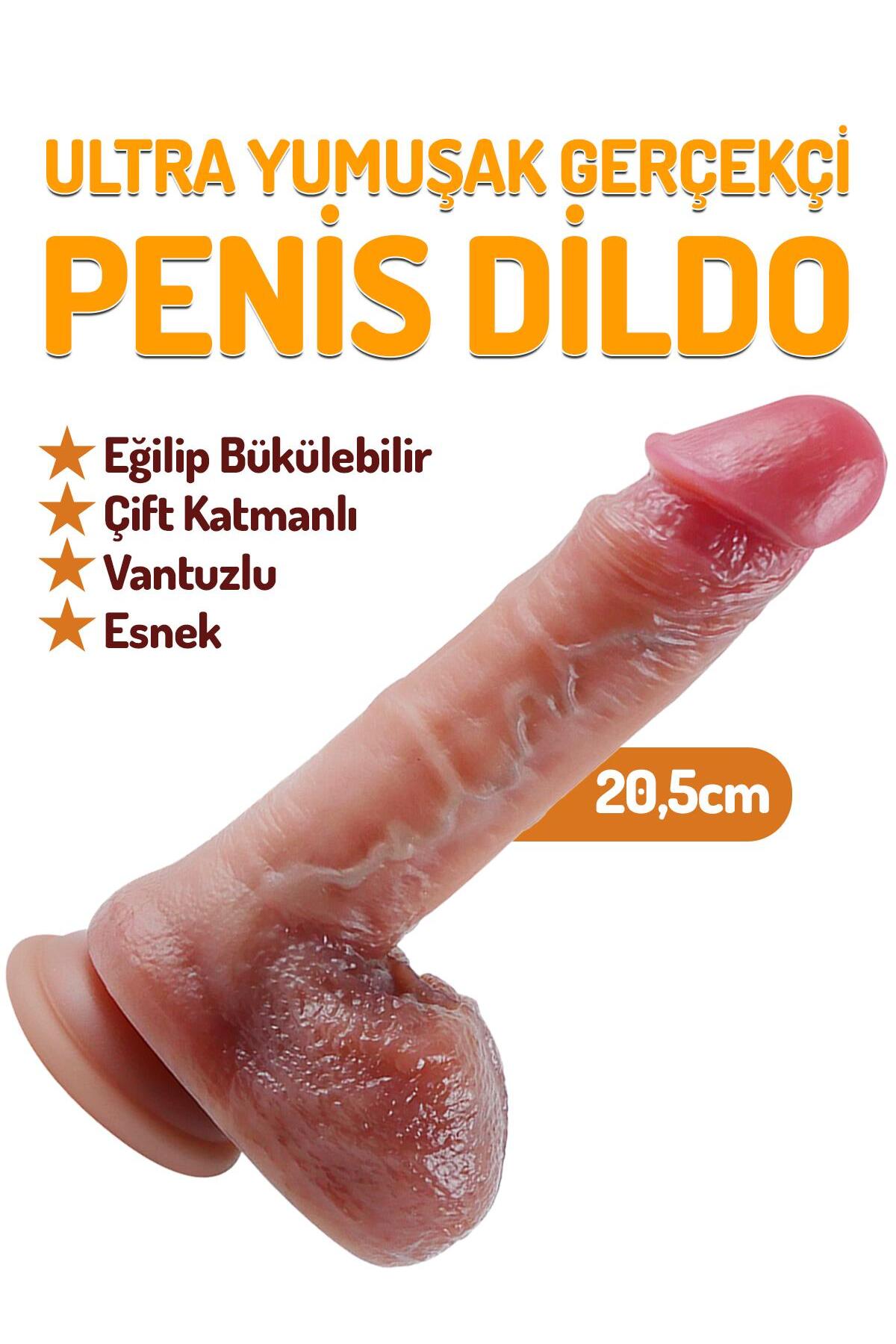 Sıvı Silikon Çift Katmanlı Yumuşak Dokuda 20.5 Cm Eğilip Bükülebilir Penis Vantuzlu Realistik Dildo