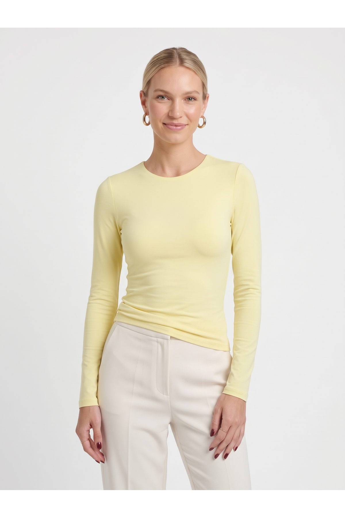 Kadın Uzun Kollu Bisiklet Yaka Slim Fit Esnek Body - Sarı 3