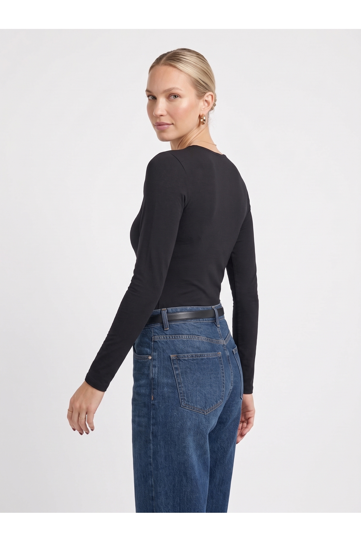 Kadın Uzun Kollu Bisiklet Yaka Slim Fit Esnek Body - Siyah 4