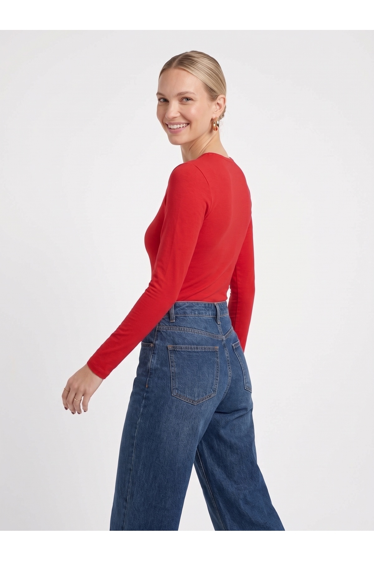 Kadın Uzun Kollu Bisiklet Yaka Slim Fit Esnek Body - Kırmızı 4
