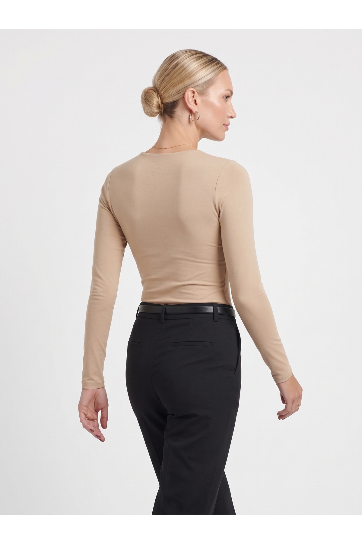 Kadın Uzun Kollu Bisiklet Yaka Slim Fit Esnek Body - Bej 4
