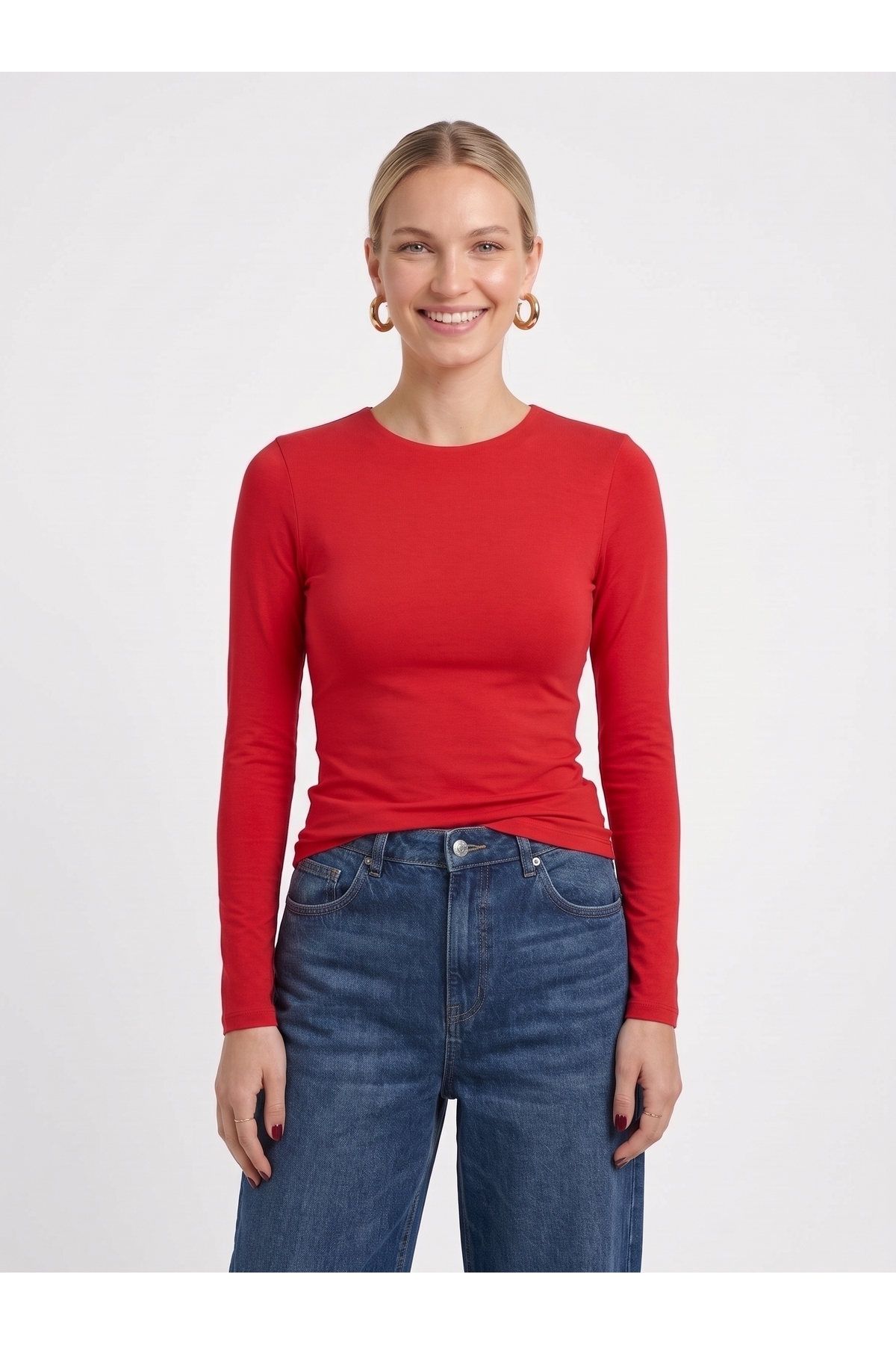 Kadın Uzun Kollu Bisiklet Yaka Slim Fit Esnek Body - Kırmızı 3