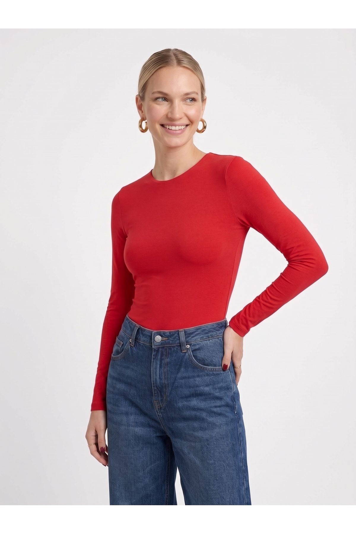 Kadın Uzun Kollu Bisiklet Yaka Slim Fit Esnek Body - Kırmızı