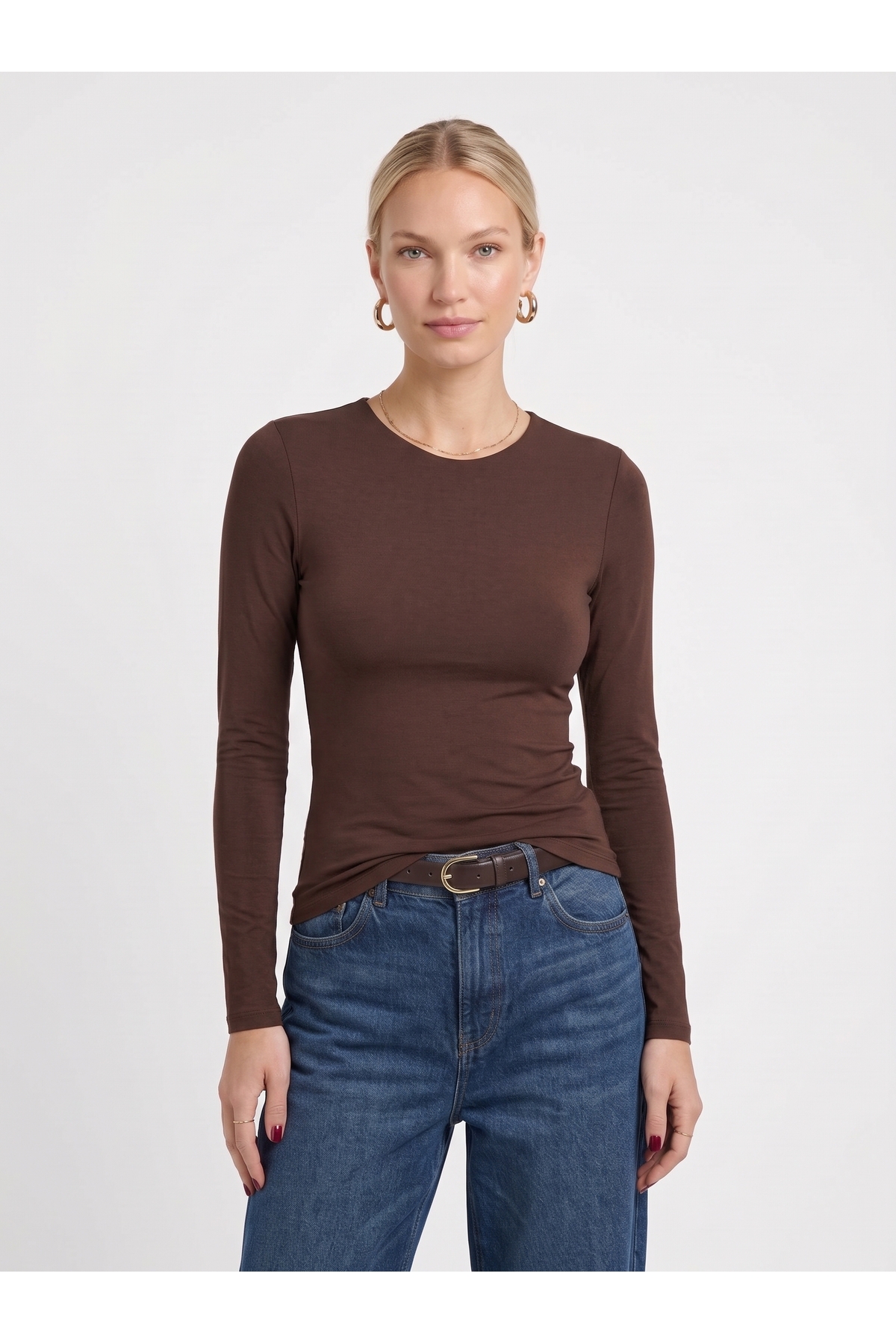 Kadın Uzun Kollu Bisiklet Yaka Slim Fit Esnek Body - Kahverengi 3