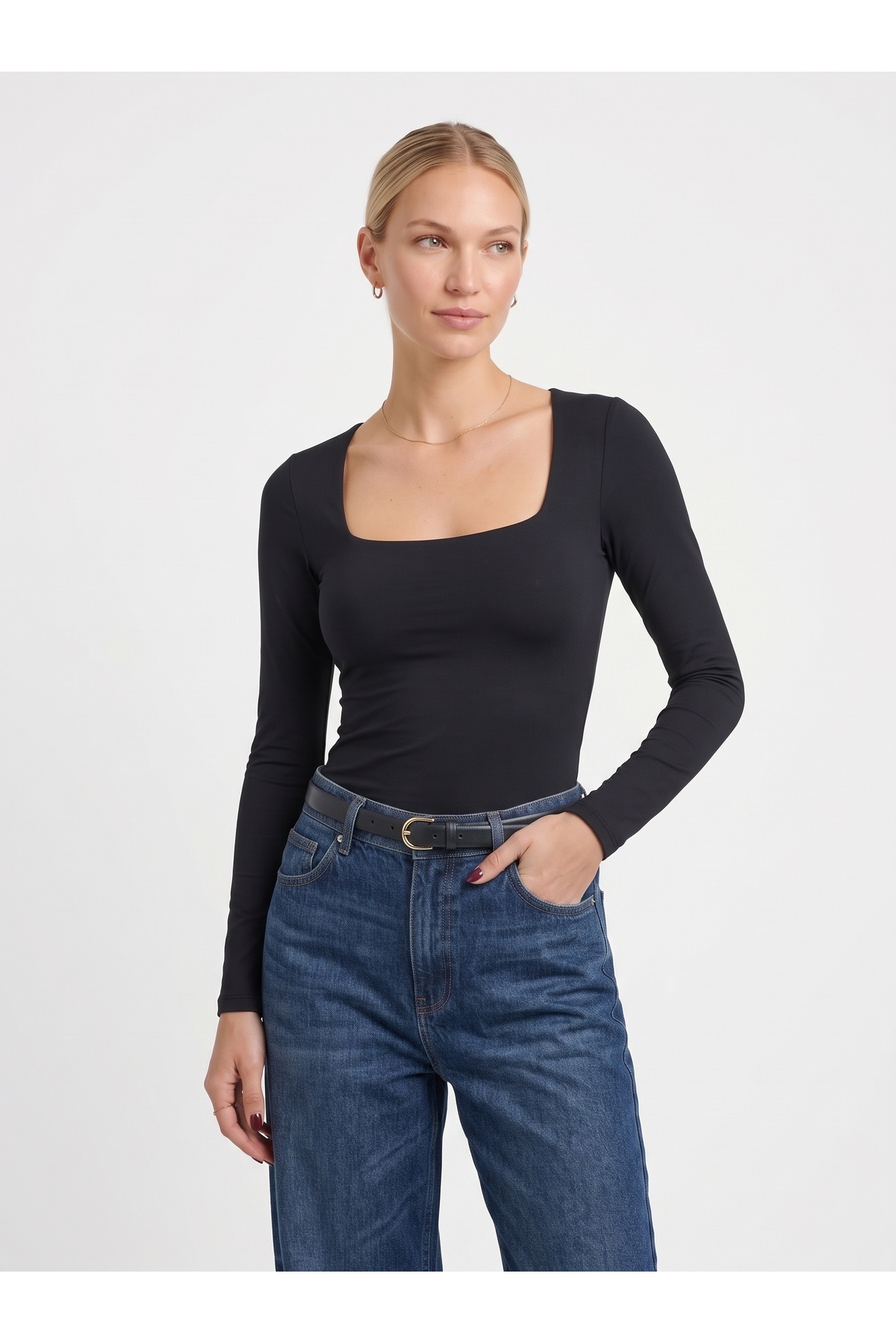 Kadın Uzun Kollu Kare Yaka Slim Fit Esnek Body - Siyah