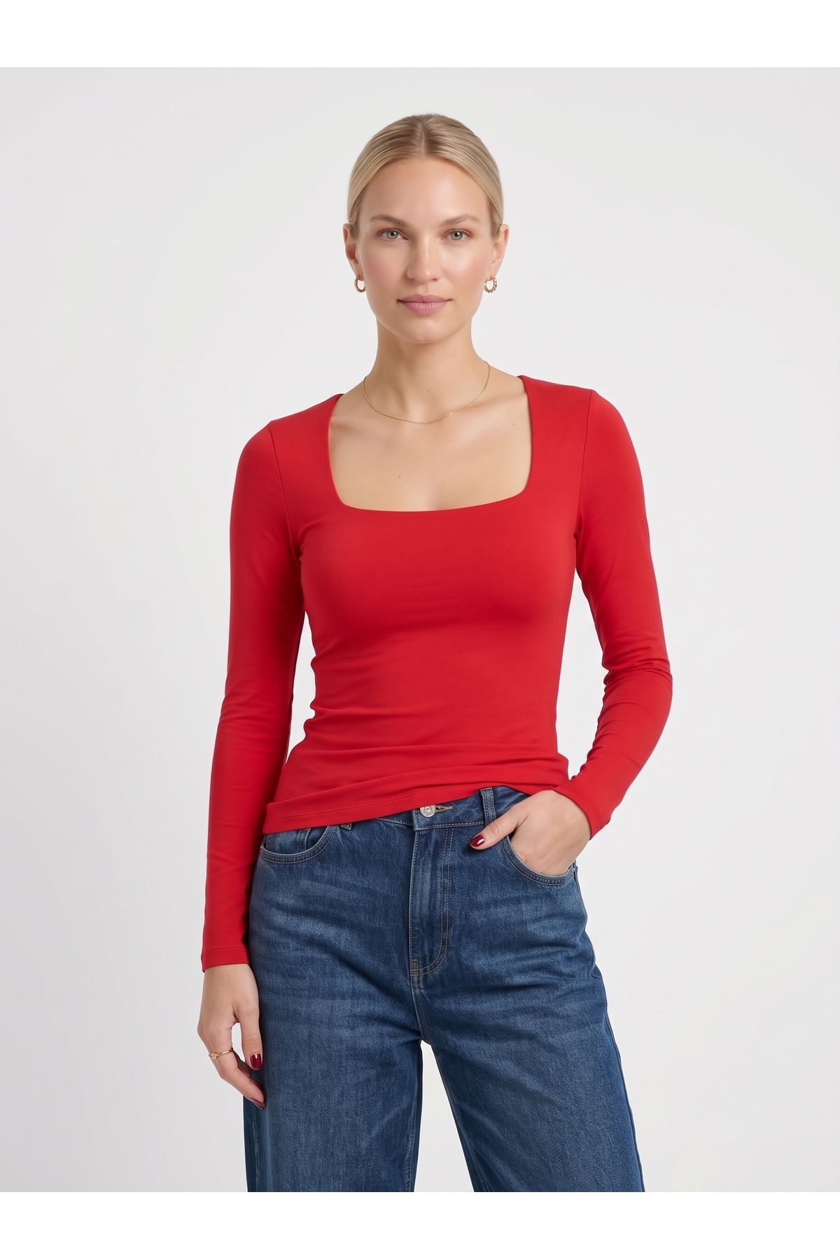 Kadın Uzun Kollu Kare Yaka Slim Fit Esnek Body - Kırmızı 3