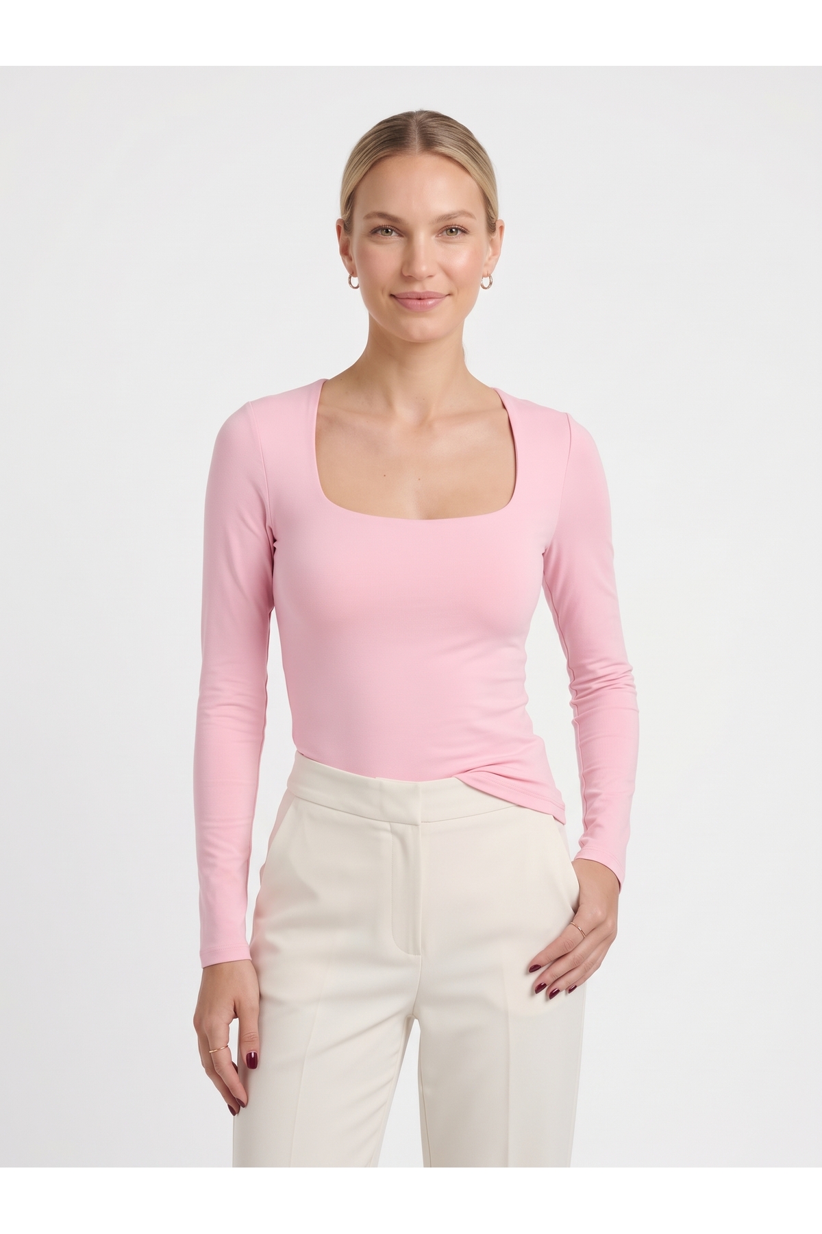 Kadın Uzun Kollu Kare Yaka Slim Fit Esnek Body - Pembe 3