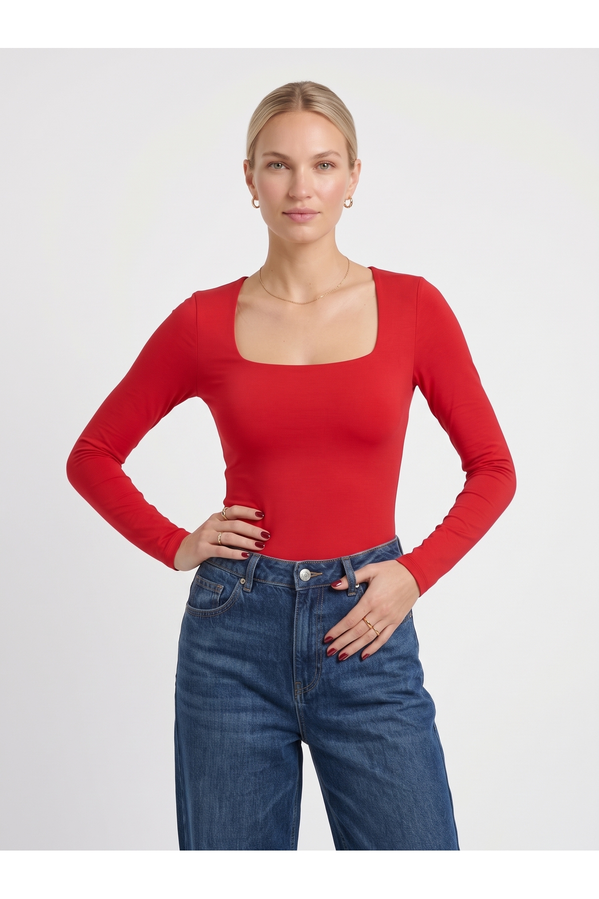 Kadın Uzun Kollu Kare Yaka Slim Fit Esnek Body - Kırmızı