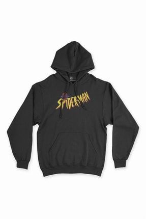 Spiderman Logolu Siyah Kapşonlu Sweatshirt Hoodie 205787