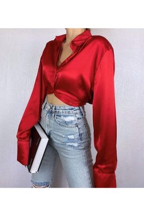 Kadın Kırmızı Saten Parlak Gömlek Dekolte Bağlamalı MD7903ss
