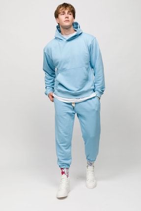 Erkek Aqua Mavi Kapüşonlu Sweatshirt MM0045