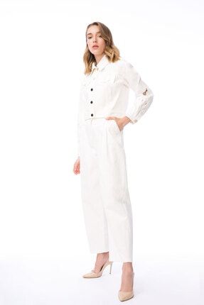 Kolları Nakış İşlemeli Beyaz Crop Jean Ceket M0KM4C0881M52-t
