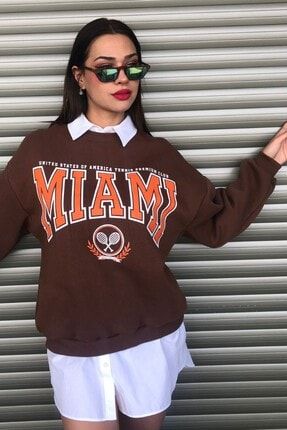Kadın Kahverengi Miami Baskılı Oversize Sweatshirt MİAMİ