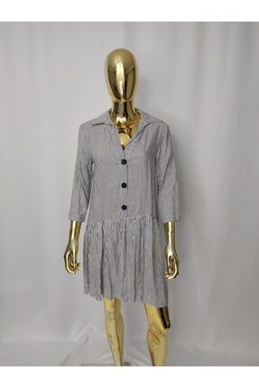 Çizgili Gri-beyaz Gömlek Elbise E013