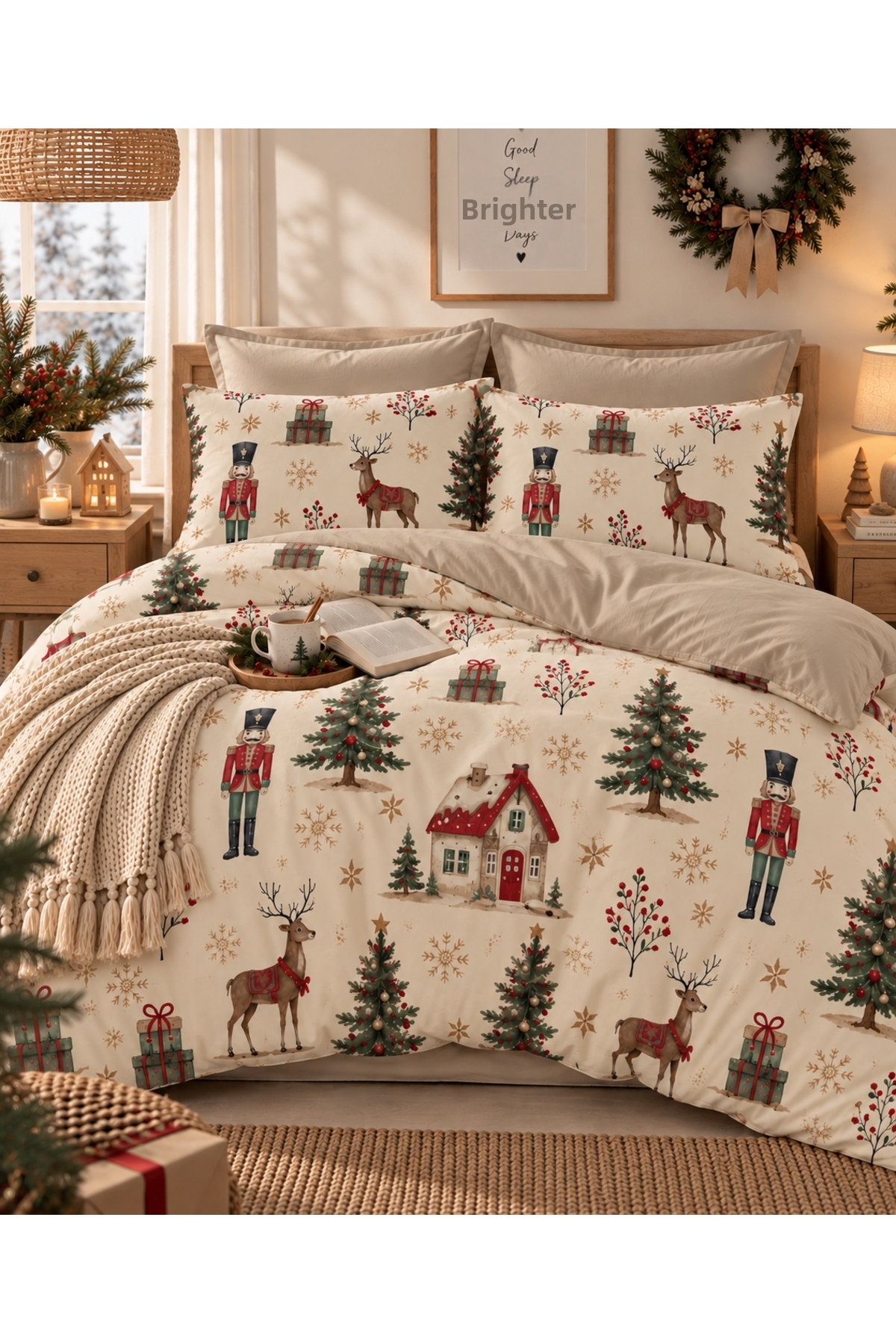 MyStory Home Double Duvet Cover Set with Elasticated Sheets Nutcracker Beige