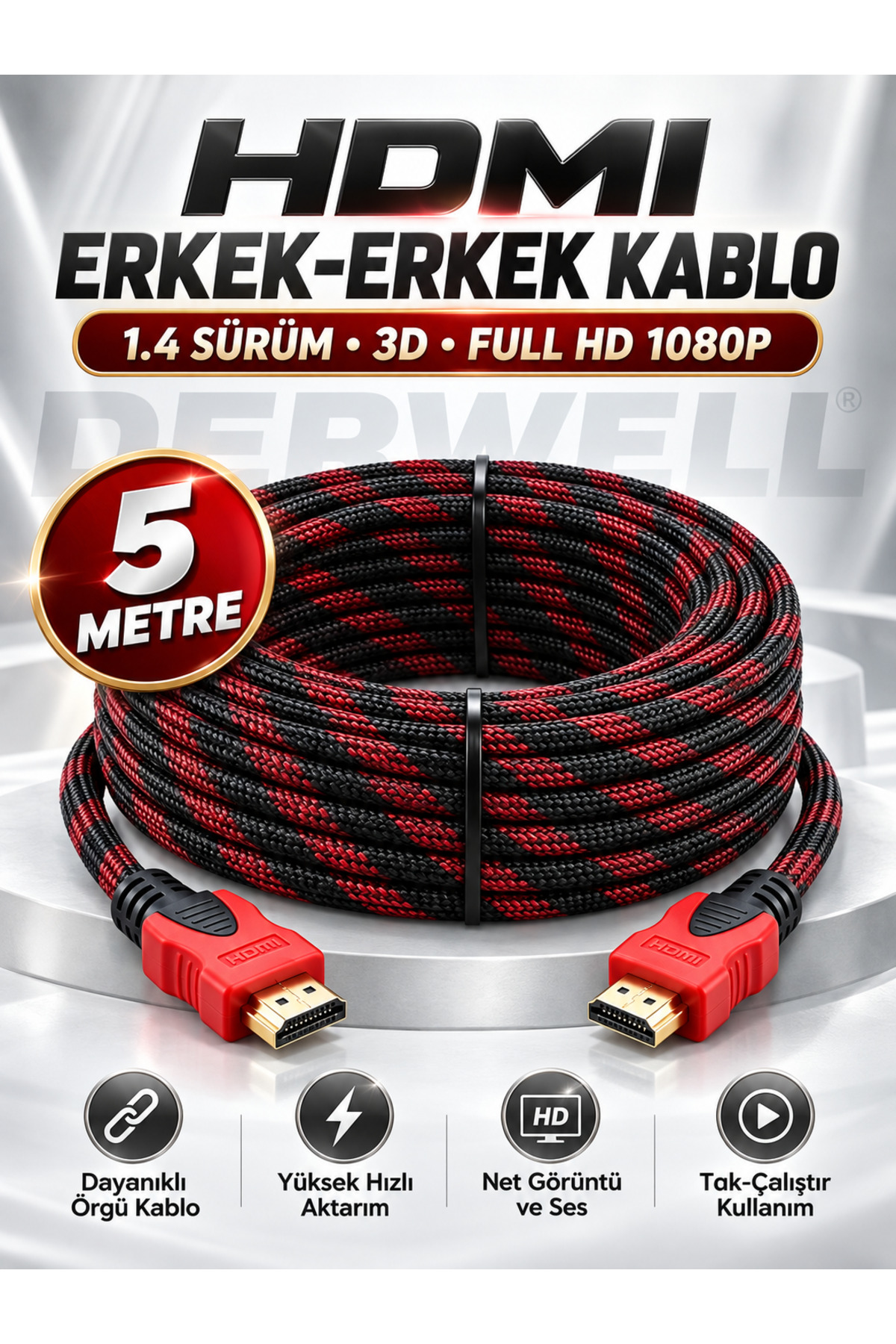 5 Metre 5m HDMI Kablosu 1.4B 3D Full Hd 1080p Ara Bağlantı Erkek-Erkek Modern Sargılı Örgülü Hdmi Görüntü Kablosu