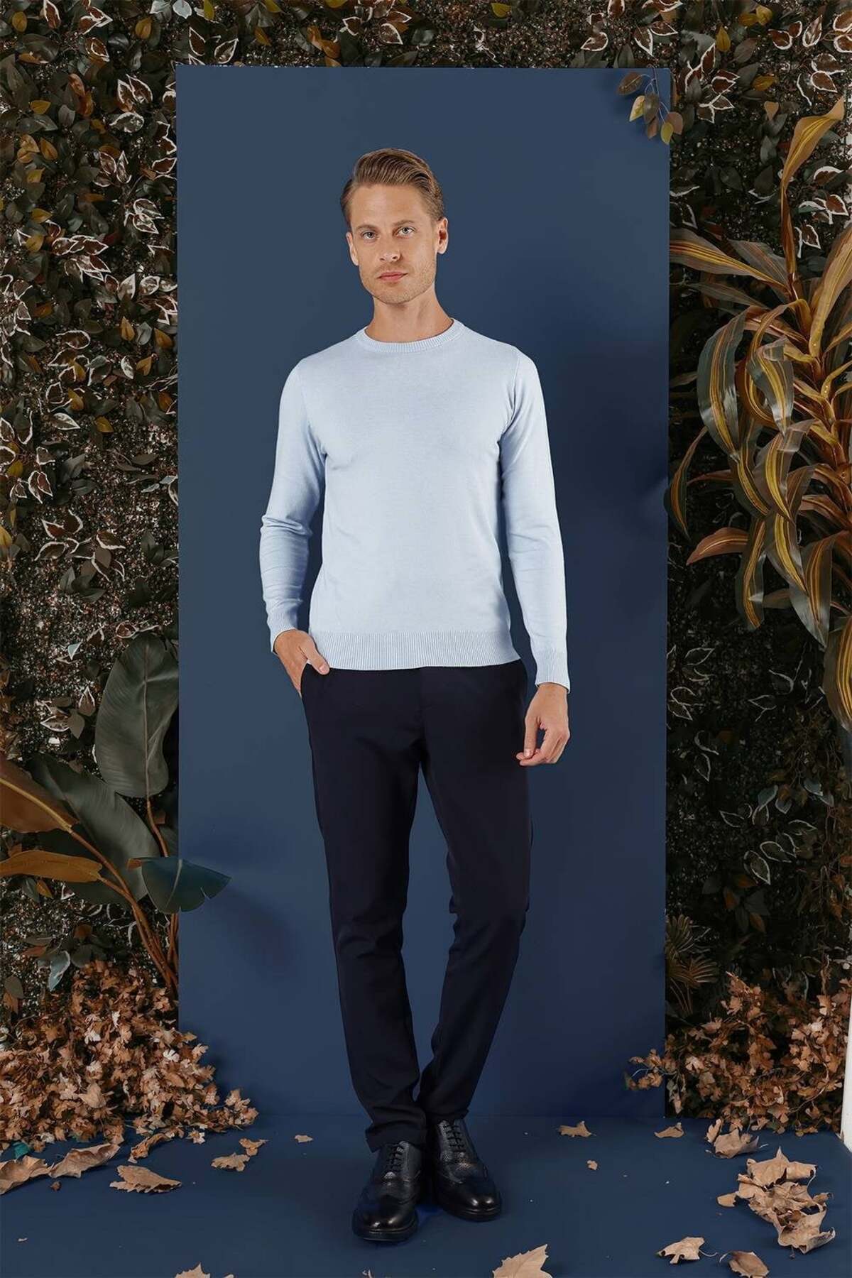 Slim Fit Ribanalı Düz Mavi Yünlü Bisiklet Yaka Triko Kazak TR 858 — آبی TR858K0723 — تصویر 3 از 8