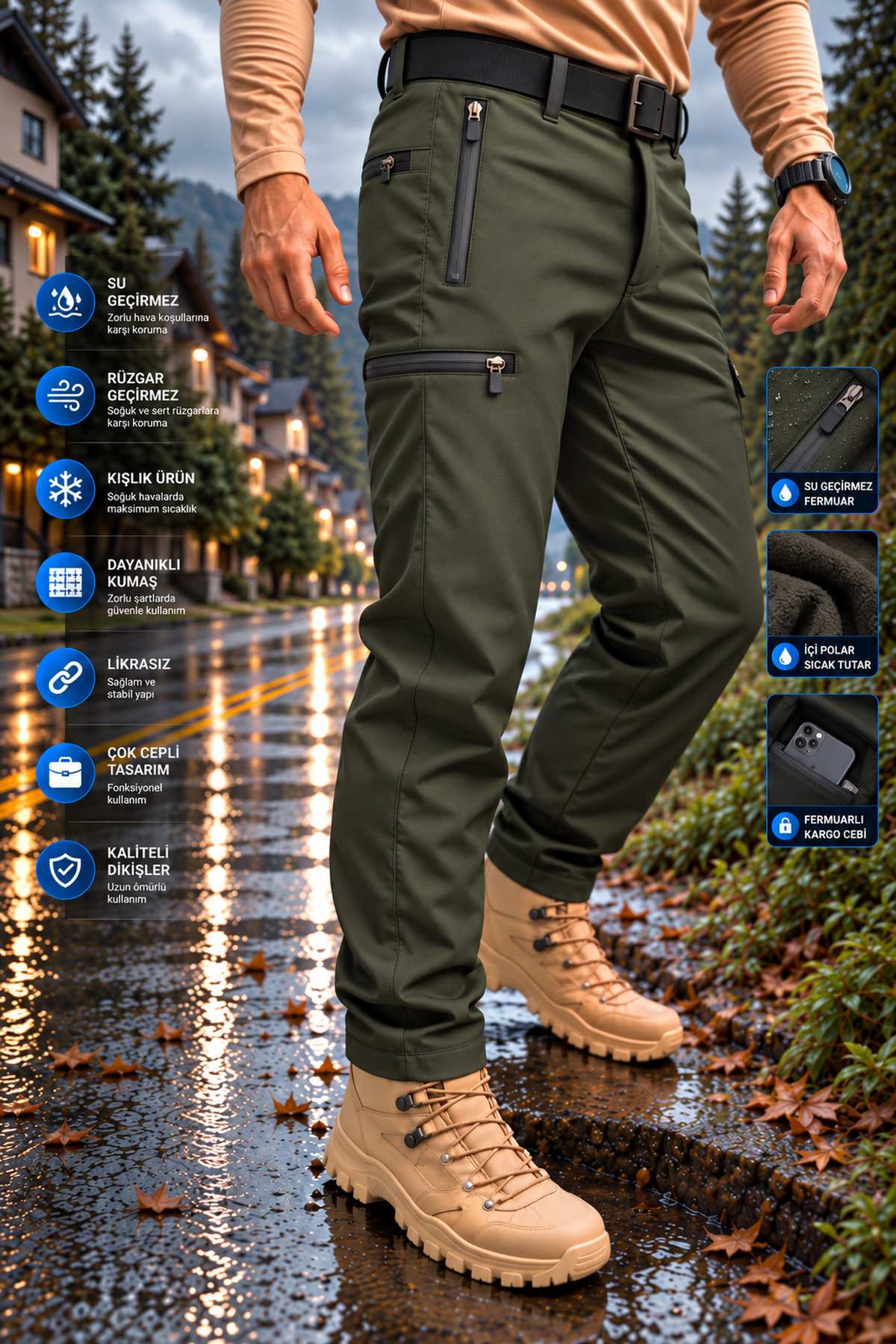 Softshell Erkek Kargo Pantolon İçi Polarlı Su Ve Rüzğar Geçirmez Kalın Kışlık — خاکی TYC4201525FA3D866A494EC00
