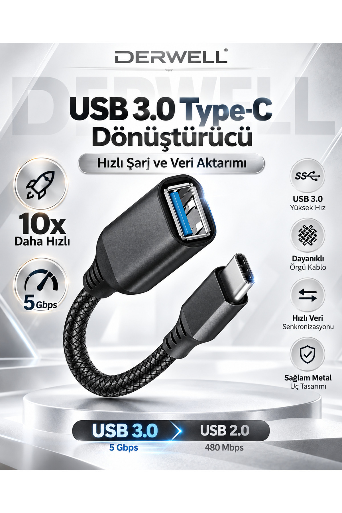 Yüksek Hızlı Veri Aktarma Usb 3.0 Otg To Type-C Data Şarj Çevirici Dönüştürücü Hasır Kablo Siyah