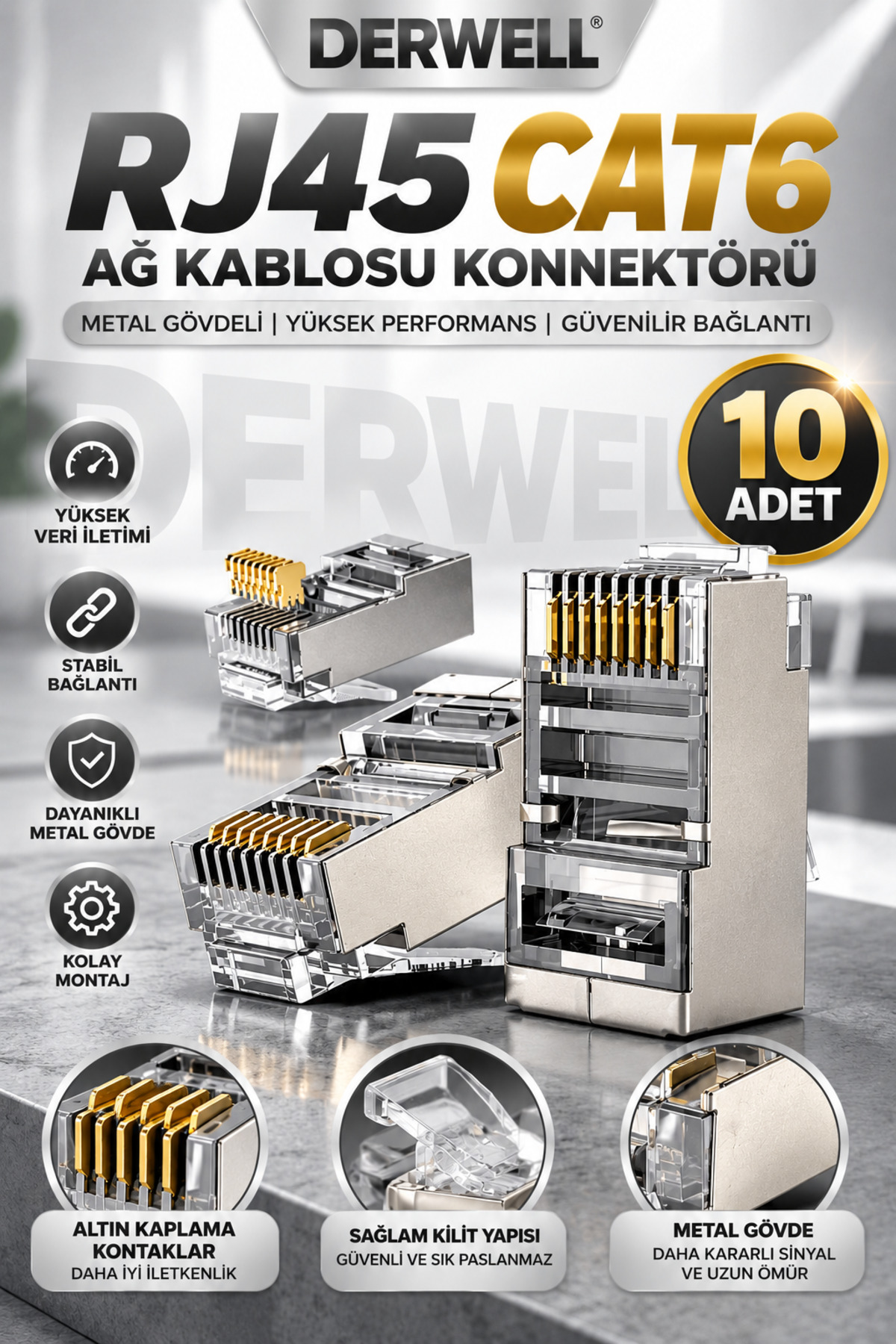 10 Adet Yeni Nesil Metal Gold Plated Geçişli Cat5/Cat6 RJ45 Konnektörü 8P8C Ethernet Kablo Ucu Jack