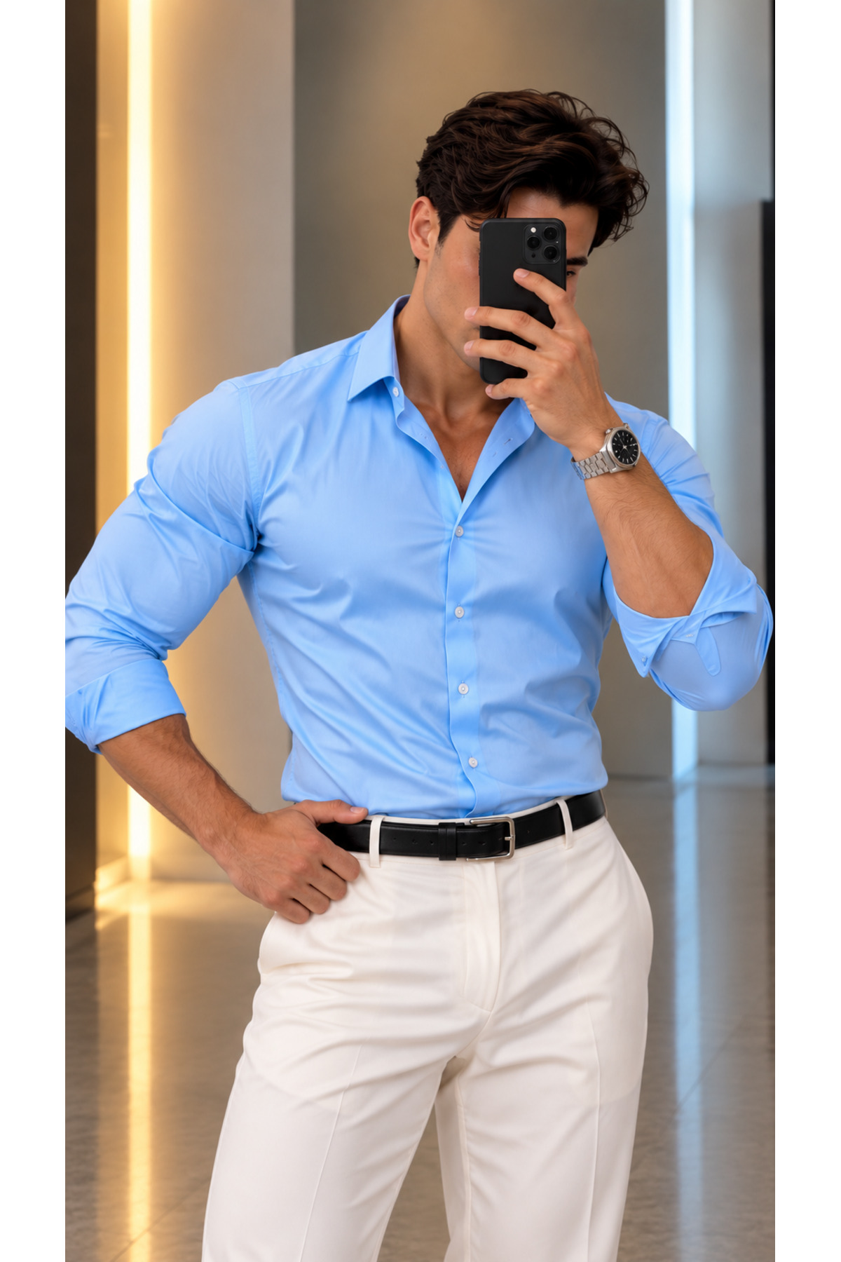 Erkek Premium Pamuk Saten Slim Fit Buz Mavisi Gömlek | Modern ve Şık Tasarım — آبی SLIM FIT — تصویر 3 از 4