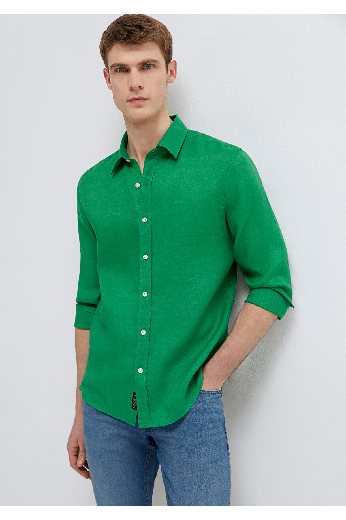 Yeşil Keten Gömlek Slim Fit / Dar Kesim 0211466-71704 — سبز — تصویر 2 از 7